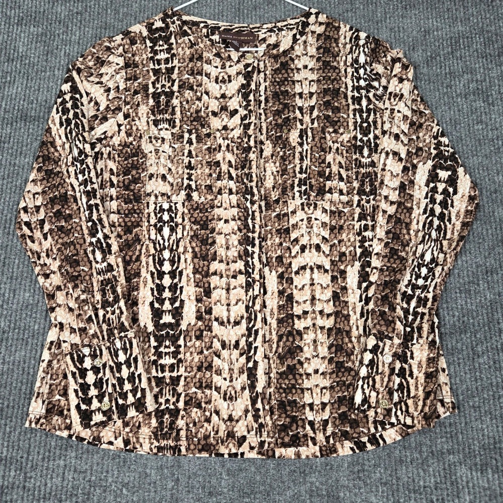 Dana Buchman Womens Brown Snakeskin Print Long Sleeve Button Front Blouse Large